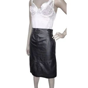VTG 80s CHIA Black Leather Moto Biker Sexy High-Waist Patchwork A-Line Skirt M/L - Picture 1 of 9