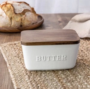 Better Homes & Gardens Porcelain Embossed White Butter Dish Acacia Wood Lid - Picture 1 of 3