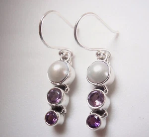 Faceted Amethyst and Cultured Pearl 925 Sterling Silver 3-Gem Earrings Small - Picture 1 of 3