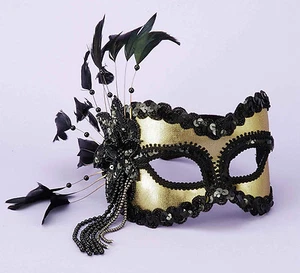 Black Gold Mardi Gras Masquerade Venetian Feather Costume Mask - Picture 1 of 1