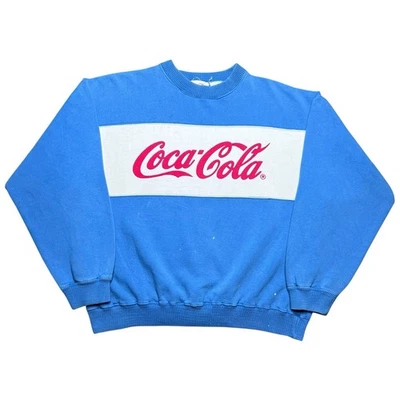Sudadera Promocional Vintage Años 80 Coca-Cola Logo Deletreado Tricolor Azul Gráfico Talla L Foto 1 de 4