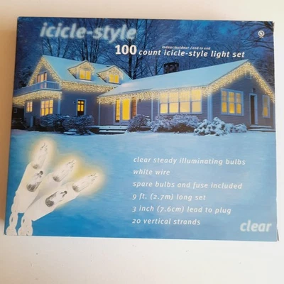 Vintage 100-Count Clear Icicle Christmas Lights White Wire 9' NOS - Image 1 of 4