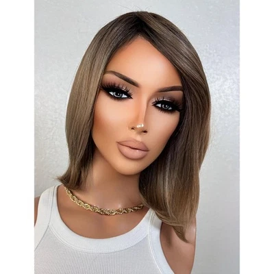 Парик из смеси темных песчаных светлых человеческих волос, короткий боб с челкой натуральный черный корень - Изображение 1 из 4