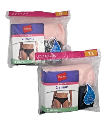 Hanes 女式棉质无标签比基尼内裤 2 件装 7/L 码全新 2 件装 — 第 1/4 张图片