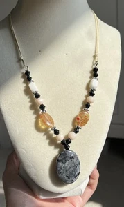 Natural Larvikite Pendant Beautiful Flashes & Millefiori Bead Necklace 24” - Picture 1 of 9