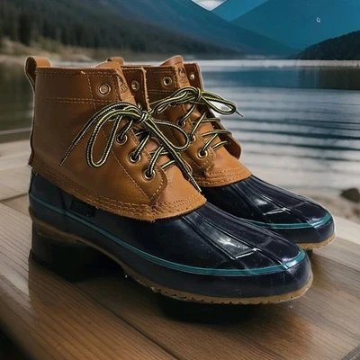 Vintage Sporto Duck Rain Boots Womens Size 8 Shoes Brown Blue Leather Chore Work - Image 1 of 4