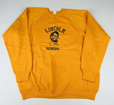 Wolf & Sons Vintage 70s Abraham Lincoln School Raglan Sweatshirt XL Yellow 50/50 - Image 1 of 4