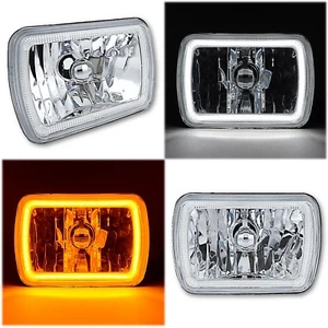 7x6" Switchback White LED Halo DRL Amber Turn Signal Angel Eye H4 Headlight Pair - Picture 1 of 11