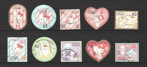 JAPAN 2016 GREETINGS SANRIO CHARACTER HELLO KITTY 82 YEN COMP. SET 10 STAMP USED Cover