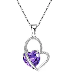 White gold finish purple amethyst heart cut created diamond pendant gift boxed - Picture 1 of 6