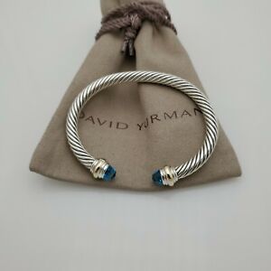 DAVID YURMAN Women's Cable Classic Bracelet with Blue Topaz & 14K Gold 5mm small