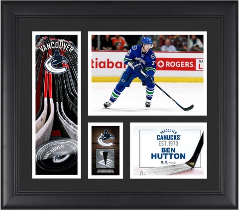 Ben Hutton Vancouver Canucks Framed 15x17 Collage w/a Piece of GU Puck Cover
