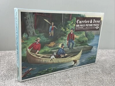 Vintage Puzzle Life in Woods Fishing Dogs Currier and Ives 500 piece NEW Sealed - Image 1 of 3