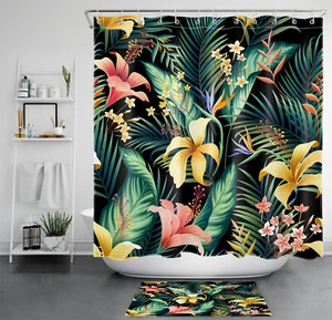 Green Palm Leaf Yellow Floral Black Shower Curtain Bathroom Accessories Set - Picture 1 of 21