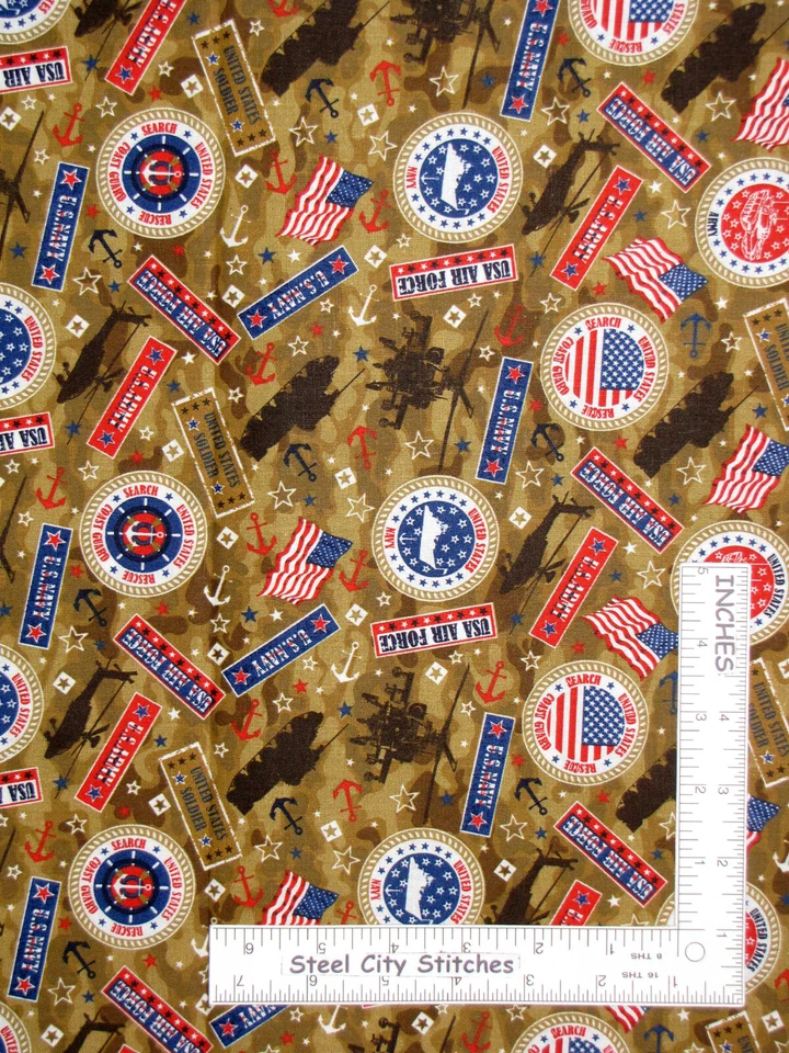 Tela Militar Ejército Marina Marines Fuerza Aérea Marrón Algodón Patriótico por Yarda Foto 1 de 1