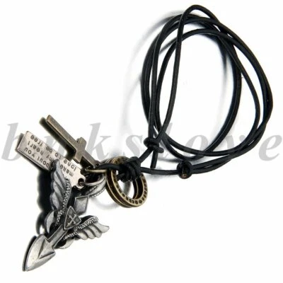 Men's Vintage Religious Angel Wings Cross Dog Tag Pendant Leather Cord Necklace - Image 1 of 4