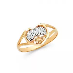 14K Solid Yellow White Gold Heart Mommy Ring - Flower Mom Mother Band Women - Picture 1 of 1