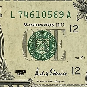 2001 Series One Dollar Bill L74610569A Print San Francisco LA Block - Picture 1 of 7