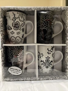 4pk New in Box Black & White Floral  Design Coffee Tea Ceramic Mug Gift Set 14oz - Picture 1 of 2