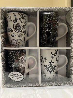 4pk New in Box Black & White Floral  Design Coffee Tea Ceramic Mug Gift Set 14oz - Image 1 of 2