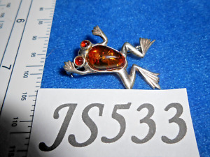 Vintage 925 Sterling Silver w Baltic Amber Jumping Frog Pin Brooch JS533