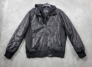 Guess Jacke Herren Large Schwarz Fuax Leder Kapuze Moto Style Motorrad Mantel - Bild 1 von 12