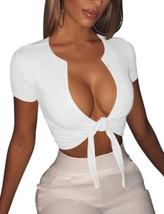 Women's Sexy Tie Up Crop Top Short Sleeve Deep V Neck Casual Basic T Shirt,Me... - Picture 1 of 4