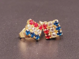 Rafaella Clip On Earrings Red Clear Blue Rhinestone Vtg 60s Gold Tone Patriotic  - Bild 1 von 9