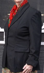 Blazer donna lana nero fatto a mano, collo scialle e tasche, sartoriale, taglia 14 - Foto 1 di 9