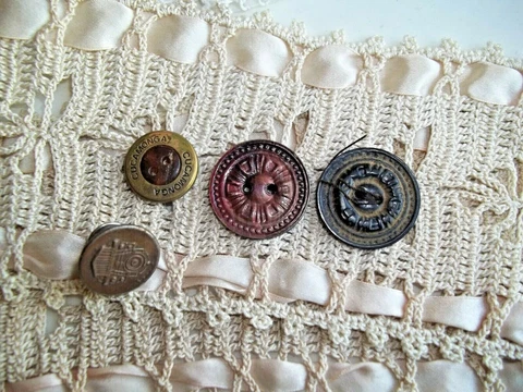 ANTIQUE Cucamonga Buttons Train 2 hole Metal lot of 4 Cover