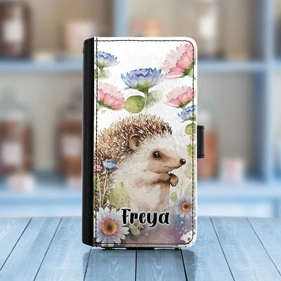 Personalised Hedgehog Phone Case For iPhone 14/13 watercolour Leather Flip Cover - Image 1 of 2