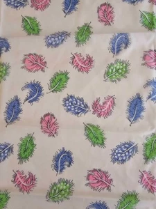 Vtg 50s 60s PINK FEATHER FABRIC MCM RETRO 4.25 YARDS Silky Feel FANTASTIC PRINT - Picture 1 of 6