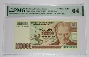 1970 PMG CHOICE UNC 64 | TURKEY - 100,000 Lira SPECIMEN Bank Note #34133F - Picture 1 of 2