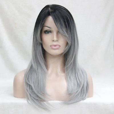 Ombre Black Root With Grey Mix High-Quality Heat Ok Long Straight Skin Top Wig - Image 1 of 2