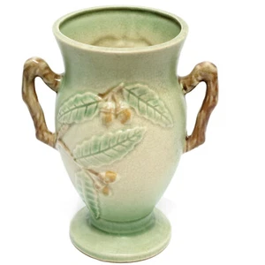 Jarrón de cerámica vintage con motivo de bellota artesanal de 6,75" de alto verde mate y marrón - Imagen 1 de 7