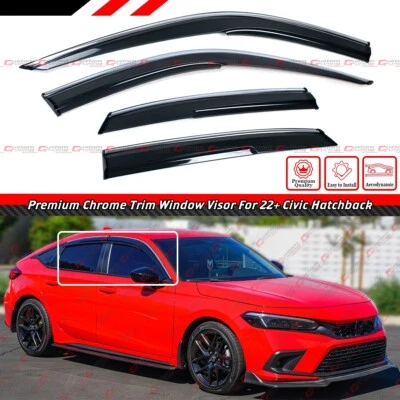 FOR 22-25 HONDA CIVIC HATCHBACK JDM CHROME TRIM WINDOW VISOR RAIN GUARD W/ CLIPS - Image 1 of 4