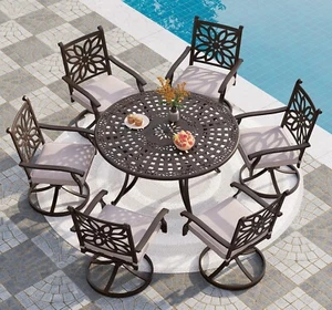 7-PCS Outdoor Patio Dining Set Swivel Chair Cast Aluminum Table w/ Umbrella Hole - Picture 1 of 7
