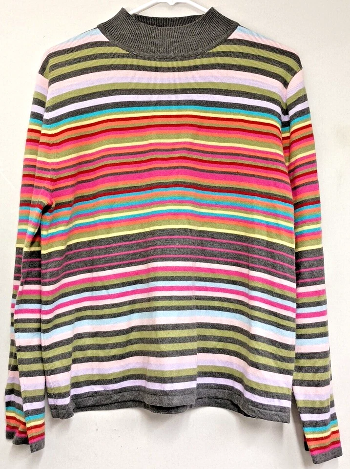 Sag Harbor algodão arco-íris listrado gola redonda tripulação feminina tamanho M para todas as estações. - Imagem 1 de 4