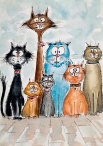 NEW! ACEO Cat Painting big colorful cats Original watercolor Collectible Art - Picture 1 of 4
