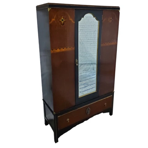 Antique English Oak Armoire Storage Cabinet Beveled Mirror Art Deco Cover