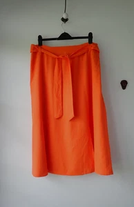M&S Linen Blend Tangerine Orange Midi Skirt Belt A-Line Slits UK 18 Reg BNWOT - Picture 1 of 12