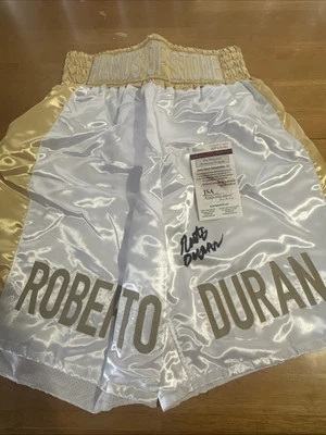 🥊HOF🥊ROBERTO SIGNED GOLD & 💥WHITE SATIN💥BOXING TRUNKS 💥JSA COA & HOLOGRAM - Image 1 of 4