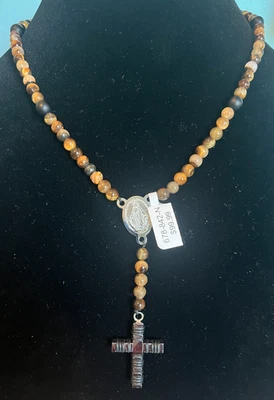 Tiger's Eye Stone & Lava Beads Miraculous Medal Rosary and Cross Necklace - Image 1 of 4