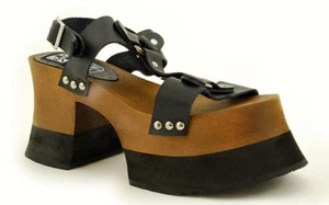 T.U.K. Pump A8684L Schwarz Leder Harness Sandal Wood & Eva Woody - Picture 1 of 2