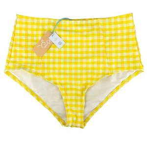 Kona Sol Bikini Bottoms Large High Coverage & Waist Yellow Check Beachy Swim NWT - Picture 1 of 10