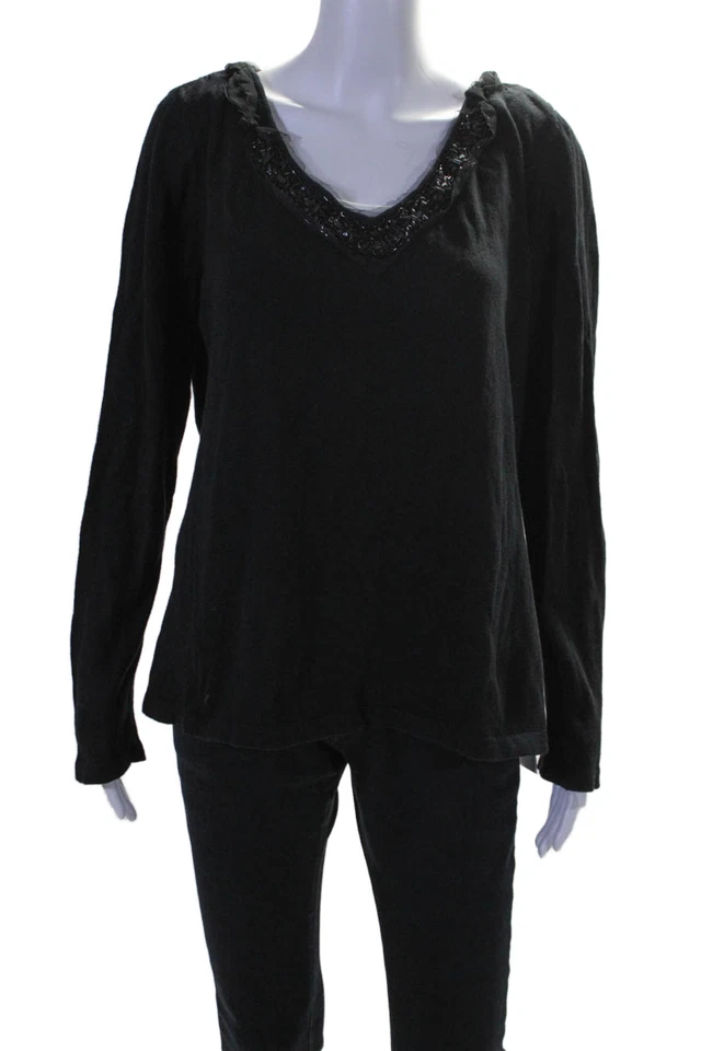 Suéter feminino Pamela Dennis gola V manga comprida enfeite de miçangas preto tamanho XL - Imagem 1 de 4