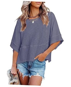Women's Summer Casual Crewneck Batwing Half Sleeve T-Shirts Solid Color Loose - Picture 1 of 4