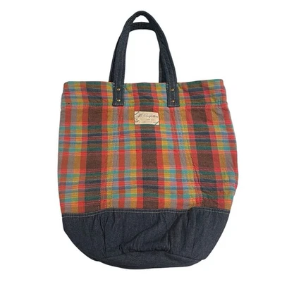 American Eagle Madras Plaid Tote Bag  Denim Bottom Preppy Retro Tie Closure Blue - Image 1 of 4