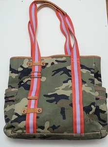 GAP 1969 Heavy Duty Camo Canvas Handbag Leather Trim Orange and Purple Stripes - Picture 1 of 6