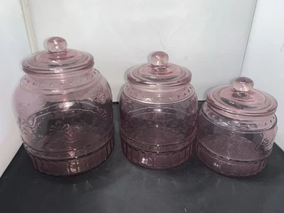 The Pioneer Woman Embossed Cassie Canister Set of 3 Soft Pink Rose EUC  - Image 1 of 4